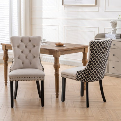 Set of 2 Beige Patterned Velvet Dining Chairs, Solid Wood Chairs with Nailhead & Adjustable Feet