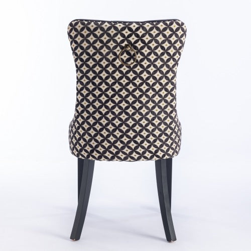 Set of 2 Black Patterned Velvet Dining Chairs, Solid Wood Nailhead Chairs with Adjustable Legs