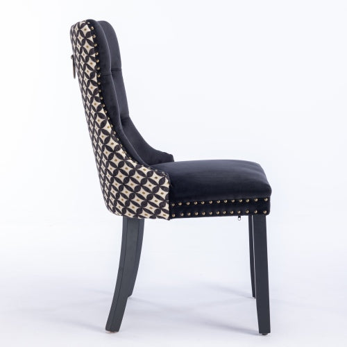 Set of 2 Black Patterned Velvet Dining Chairs, Solid Wood Nailhead Chairs with Adjustable Legs