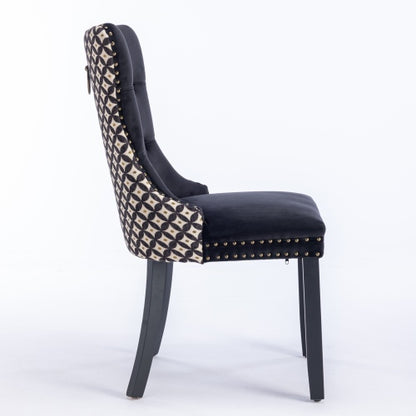 Set of 2 Black Patterned Velvet Dining Chairs, Solid Wood Nailhead Chairs with Adjustable Legs