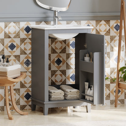 20 Inch Modern Small Bathroom Vanity Cabinet With Ceramic Basin- 20*14.5*33.3 Inches,Ample Storage,1 Soft-Close Door