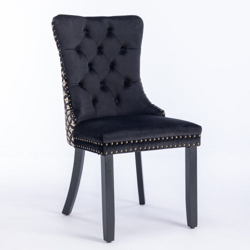 Set of 2 Black Patterned Velvet Dining Chairs, Solid Wood Nailhead Chairs with Adjustable Legs