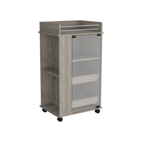 Bar Cart with Glass Door, 2-Side Shelves and Casters, Light Gray
