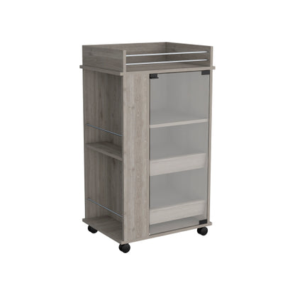 Bar Cart with Glass Door, 2-Side Shelves and Casters, Light Gray