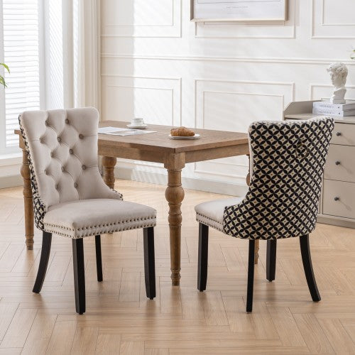 Set of 2 Beige Patterned Velvet Dining Chairs, Solid Wood Chairs with Nailhead & Adjustable Feet