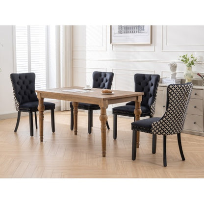 Set of 2 Black Patterned Velvet Dining Chairs, Solid Wood Nailhead Chairs with Adjustable Legs