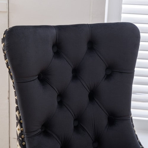 Set of 2 Black Patterned Velvet Dining Chairs, Solid Wood Nailhead Chairs with Adjustable Legs