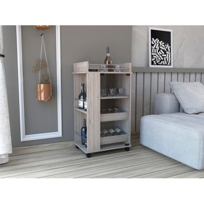 Bar Cart with Glass Door, 2-Side Shelves and Casters, Light Gray