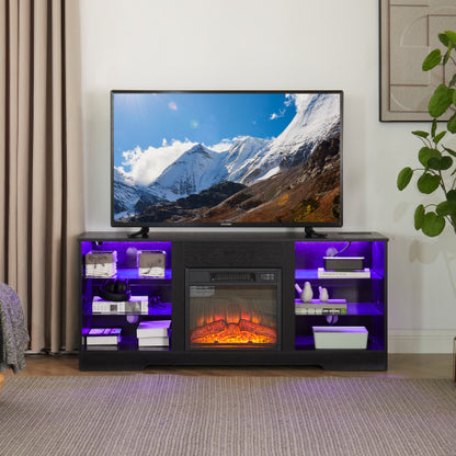 58 Inch Black Electric Fireplace TV Stand 3D LED Flame Media Console with Built-In Charging Station for 65 Inch TV