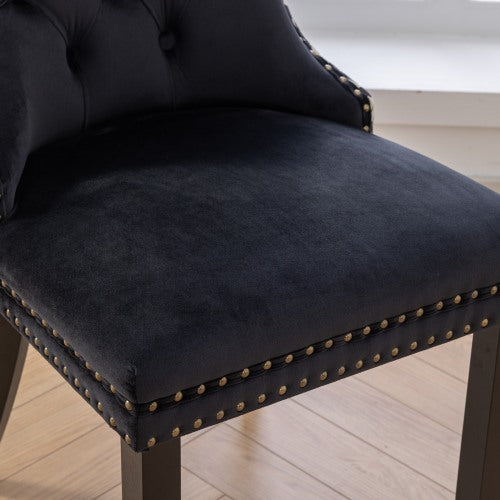 Set of 2 Black Patterned Velvet Dining Chairs, Solid Wood Nailhead Chairs with Adjustable Legs