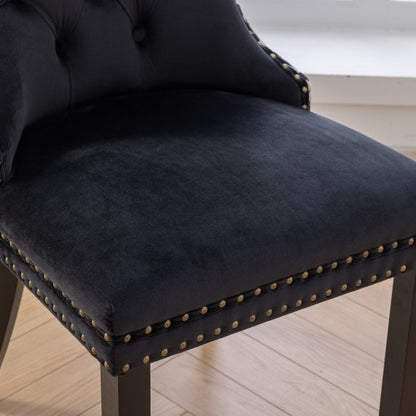 Set of 2 Black Patterned Velvet Dining Chairs, Solid Wood Nailhead Chairs with Adjustable Legs