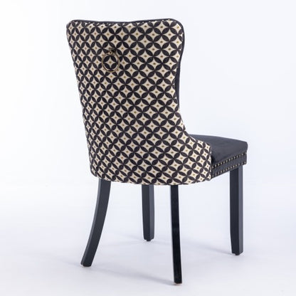 Set of 2 Black Patterned Velvet Dining Chairs, Solid Wood Nailhead Chairs with Adjustable Legs