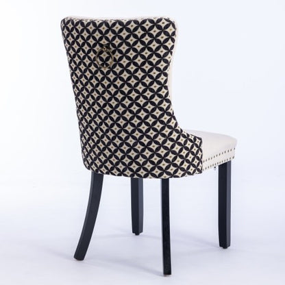 Set of 2 Beige Patterned Velvet Dining Chairs, Solid Wood Chairs with Nailhead & Adjustable Feet