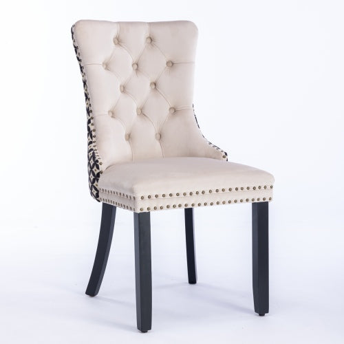 Set of 2 Beige Patterned Velvet Dining Chairs, Solid Wood Chairs with Nailhead & Adjustable Feet