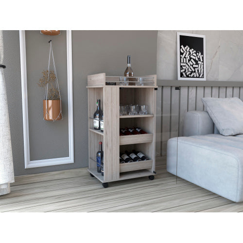 Bar Cart with Glass Door, 2-Side Shelves and Casters, Light Gray
