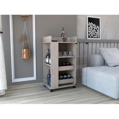 Bar Cart with Glass Door, 2-Side Shelves and Casters, Light Gray