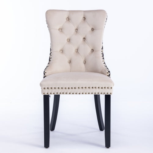 Set of 2 Beige Patterned Velvet Dining Chairs, Solid Wood Chairs with Nailhead & Adjustable Feet