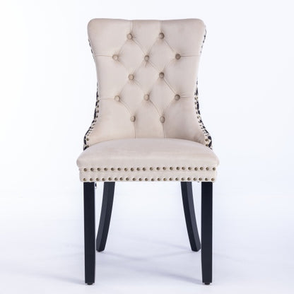 Set of 2 Beige Patterned Velvet Dining Chairs, Solid Wood Chairs with Nailhead & Adjustable Feet