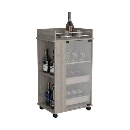 Bar Cart with Glass Door, 2-Side Shelves and Casters, Light Gray