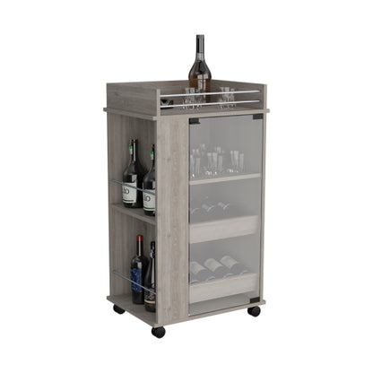 Bar Cart with Glass Door, 2-Side Shelves and Casters, Light Gray
