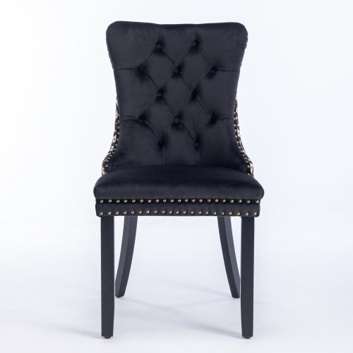 Set of 2 Black Patterned Velvet Dining Chairs, Solid Wood Nailhead Chairs with Adjustable Legs