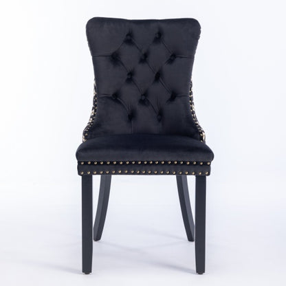 Set of 2 Black Patterned Velvet Dining Chairs, Solid Wood Nailhead Chairs with Adjustable Legs
