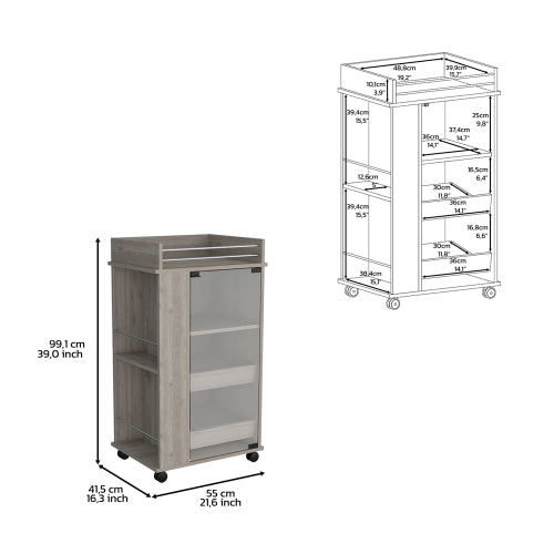 Bar Cart with Glass Door, 2-Side Shelves and Casters, Light Gray