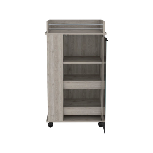 Bar Cart with Glass Door, 2-Side Shelves and Casters, Light Gray