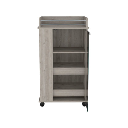 Bar Cart with Glass Door, 2-Side Shelves and Casters, Light Gray