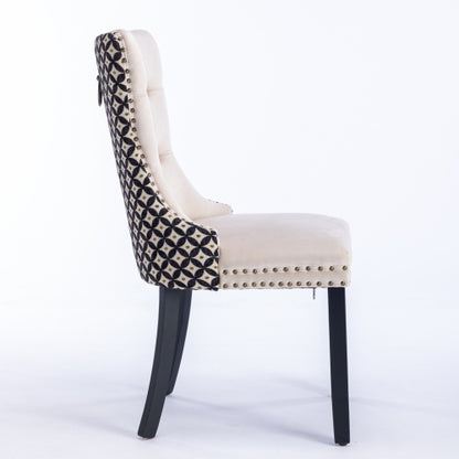 Set of 2 Beige Patterned Velvet Dining Chairs, Solid Wood Chairs with Nailhead & Adjustable Feet