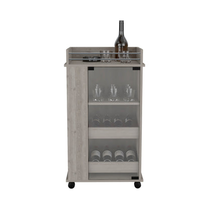 Bar Cart with Glass Door, 2-Side Shelves and Casters, Light Gray