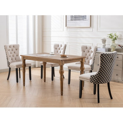 Set of 2 Beige Patterned Velvet Dining Chairs, Solid Wood Chairs with Nailhead & Adjustable Feet