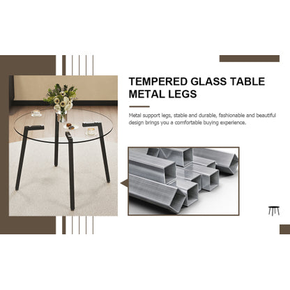 42 Inch Round Tempered Glass Dining Table with Black Metal Legs