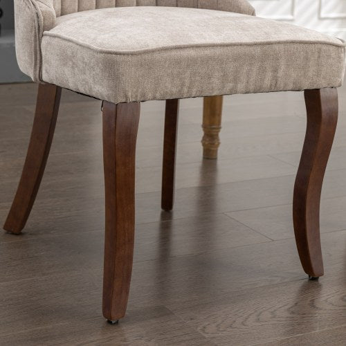 Set of 2 Beige Rayon Flocking Linen High Back Dining Chairs, Curved Solid Wood Legs Adjustable Leveling Feet