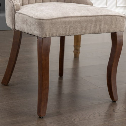 Set of 2 Beige Rayon Flocking Linen High Back Dining Chairs, Curved Solid Wood Legs Adjustable Leveling Feet