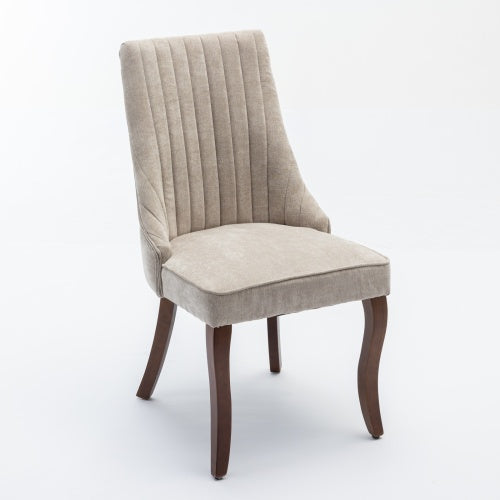 Set of 2 Beige Rayon Flocking Linen High Back Dining Chairs, Curved Solid Wood Legs Adjustable Leveling Feet