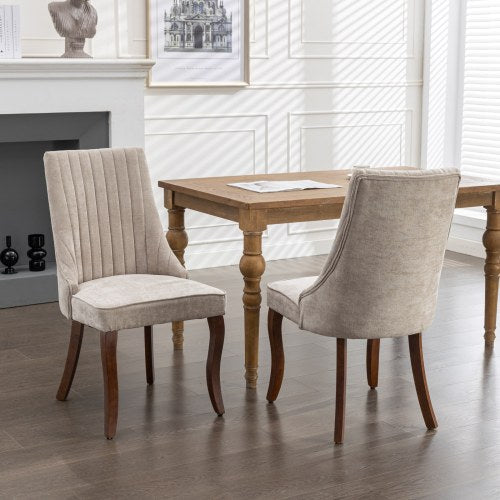 Set of 2 Beige Rayon Flocking Linen High Back Dining Chairs, Curved Solid Wood Legs Adjustable Leveling Feet