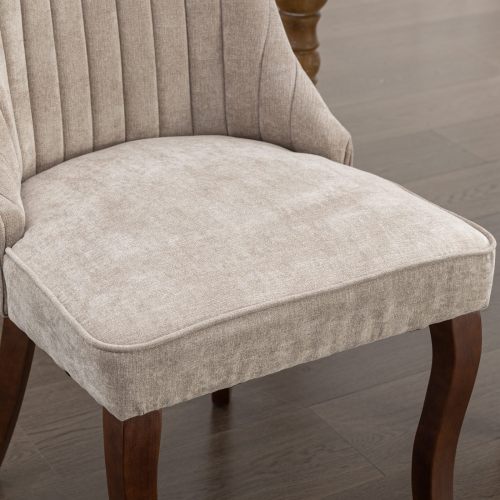 Set of 2 Beige Rayon Flocking Linen High Back Dining Chairs, Curved Solid Wood Legs Adjustable Leveling Feet