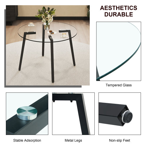 42 Inch Round Tempered Glass Dining Table with Black Metal Legs