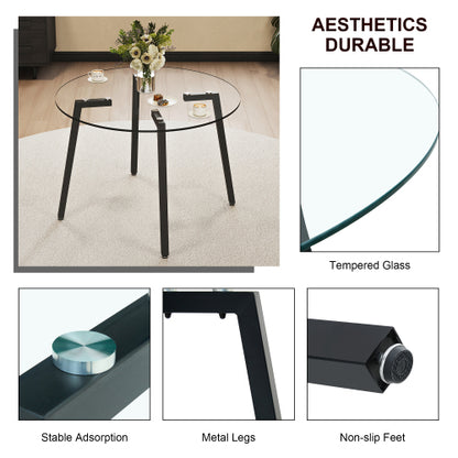 42 Inch Round Tempered Glass Dining Table with Black Metal Legs