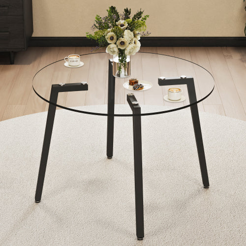 42 Inch Round Tempered Glass Dining Table with Black Metal Legs