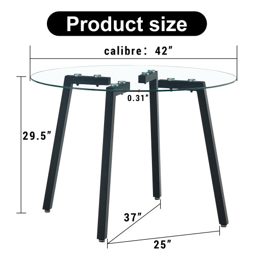 42 Inch Round Tempered Glass Dining Table with Black Metal Legs
