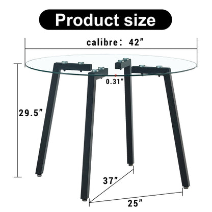 42 Inch Round Tempered Glass Dining Table with Black Metal Legs