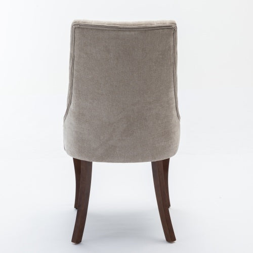 Set of 2 Beige Rayon Flocking Linen High Back Dining Chairs, Curved Solid Wood Legs Adjustable Leveling Feet