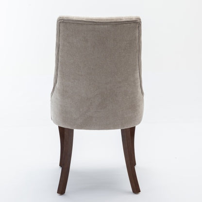 Set of 2 Beige Rayon Flocking Linen High Back Dining Chairs, Curved Solid Wood Legs Adjustable Leveling Feet