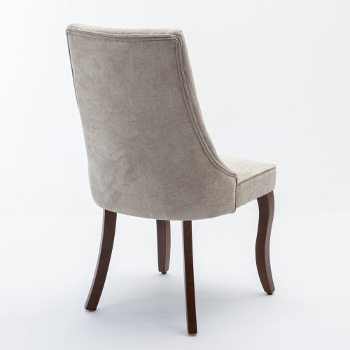 Set of 2 Beige Rayon Flocking Linen High Back Dining Chairs, Curved Solid Wood Legs Adjustable Leveling Feet