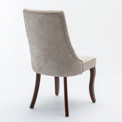 Set of 2 Beige Rayon Flocking Linen High Back Dining Chairs, Curved Solid Wood Legs Adjustable Leveling Feet