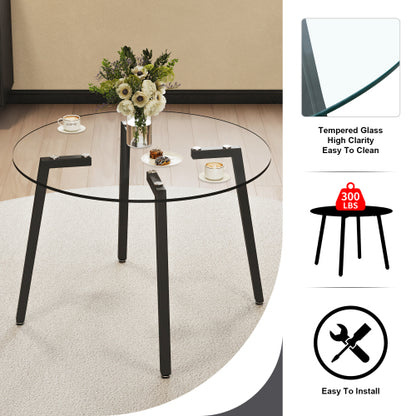 42 Inch Round Tempered Glass Dining Table with Black Metal Legs