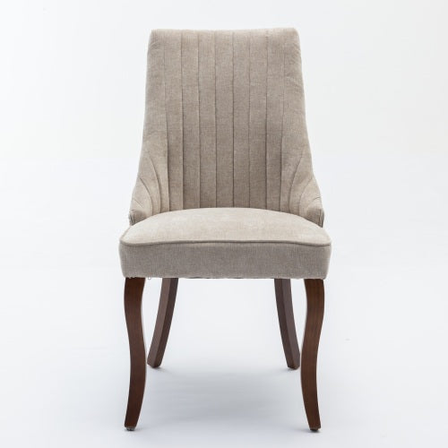 Set of 2 Beige Rayon Flocking Linen High Back Dining Chairs, Curved Solid Wood Legs Adjustable Leveling Feet