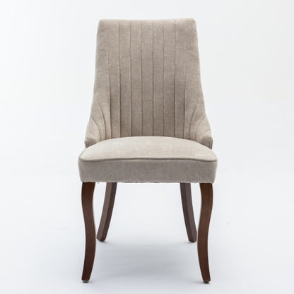 Set of 2 Beige Rayon Flocking Linen High Back Dining Chairs, Curved Solid Wood Legs Adjustable Leveling Feet